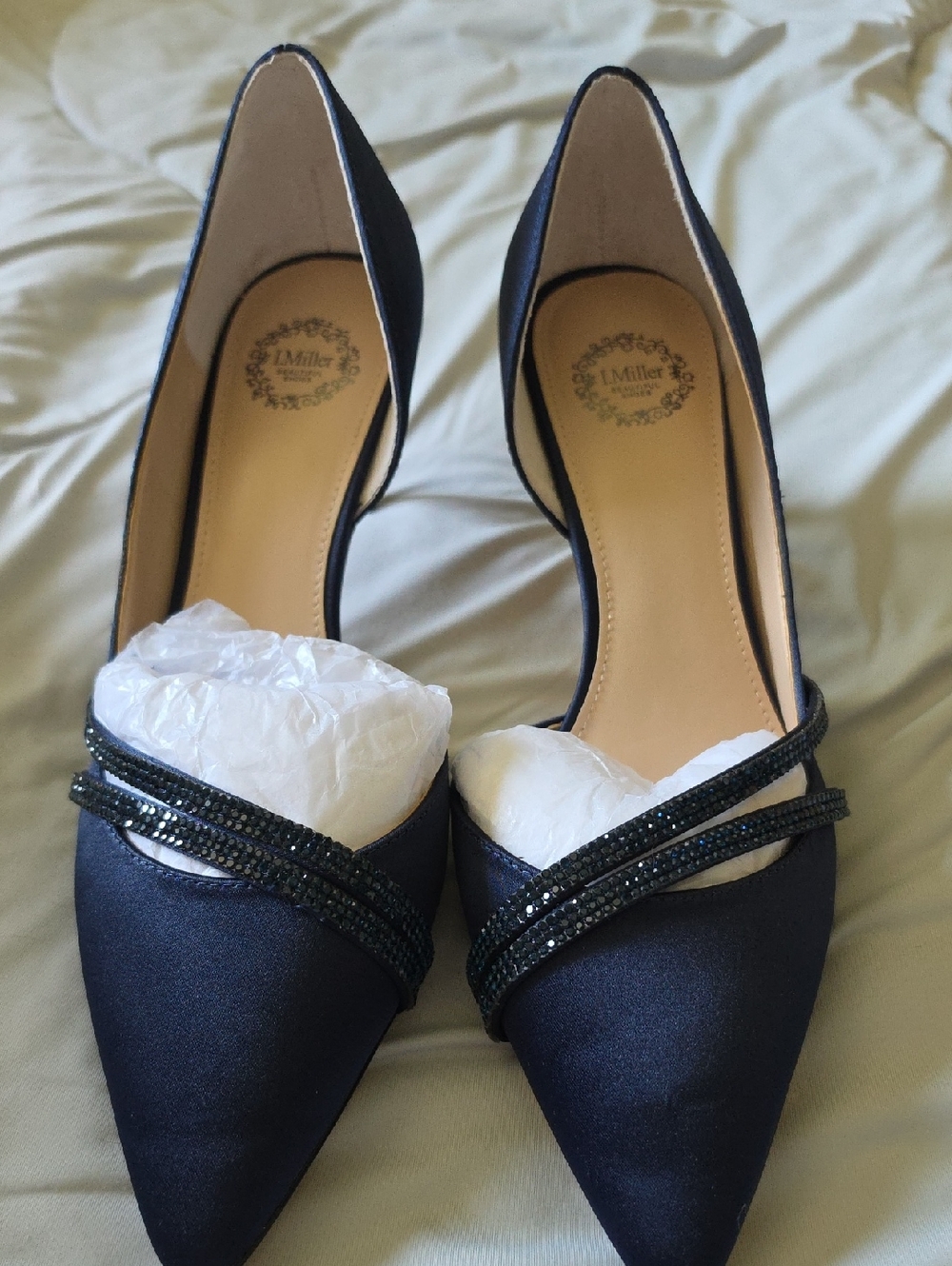 Navy Satin Pointed Toe D'Orsay Pumps with Crystal Straps